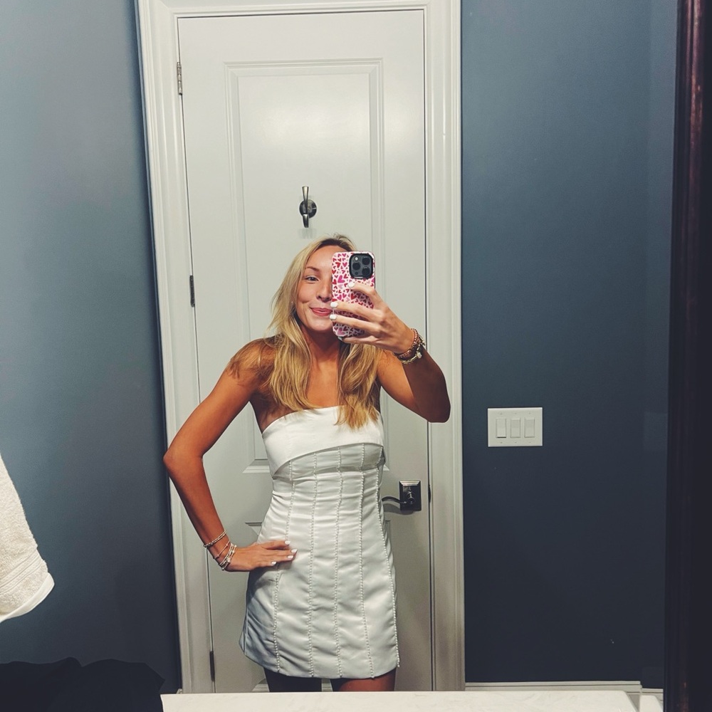 Peppermayo White Strapless Ruched Bodycon Dress